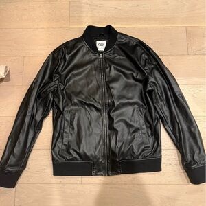 Zara Black Leather Bomber Jacket